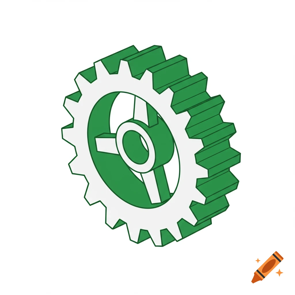 An isometric drawing of a gear with a green outline and white fill on a white background.