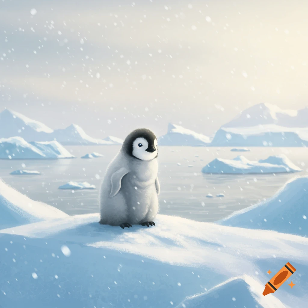 A cute baby penguin stands on a snowy hill, looking forward as snow falls around it in an arctic landscape.