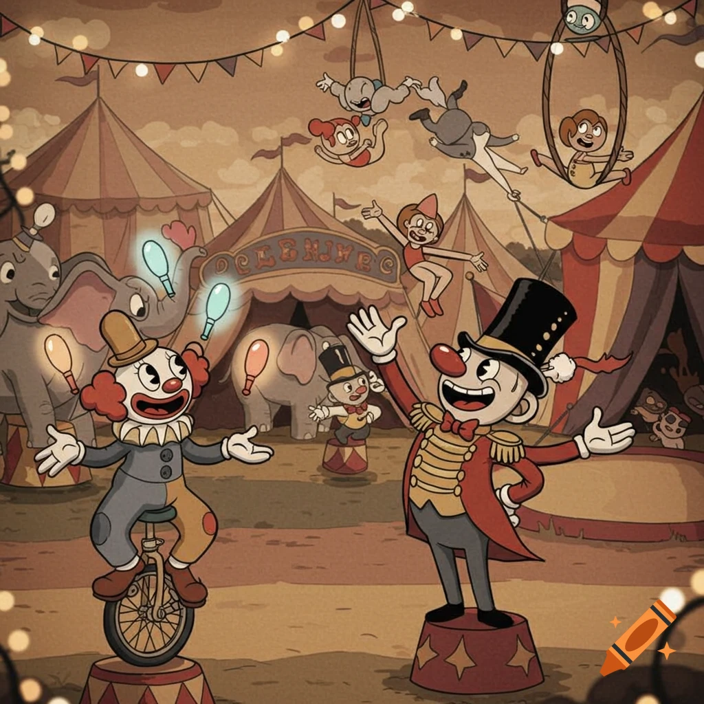 A retro cartoon circus scene featuring a clown on a unicycle, a ringmaster, elephants, and acrobats in the air.