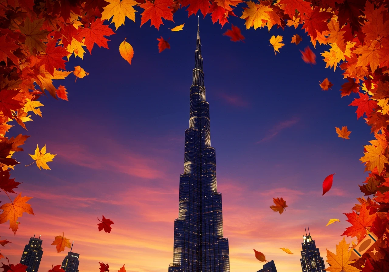 Photorealistic image of the Burj Khalifa at sunset, framed by vibrant red and orange autumn leaves, with city buildings below.