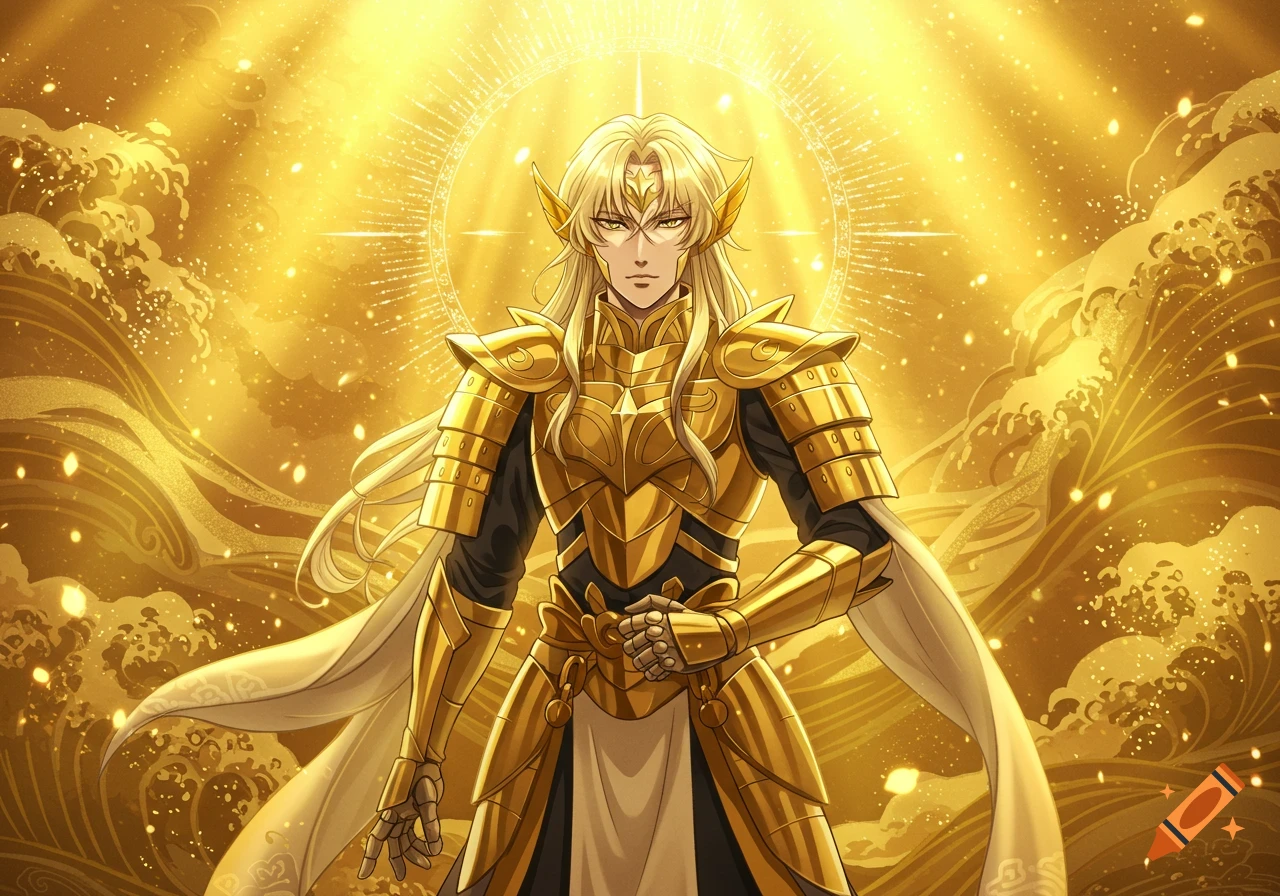 Anime-style male character with long blonde hair and golden armor, standing against a glowing golden background with wave patterns.