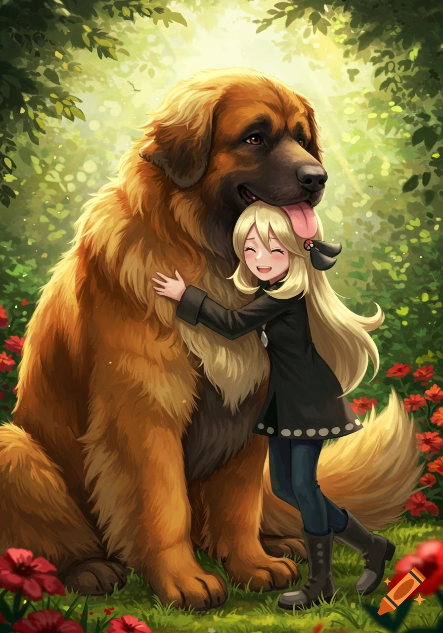 Anime illustration of Cynthia from Pok 00e9mon hugging a giant Leonberger dog in a sunny forest, the dog licking her face.