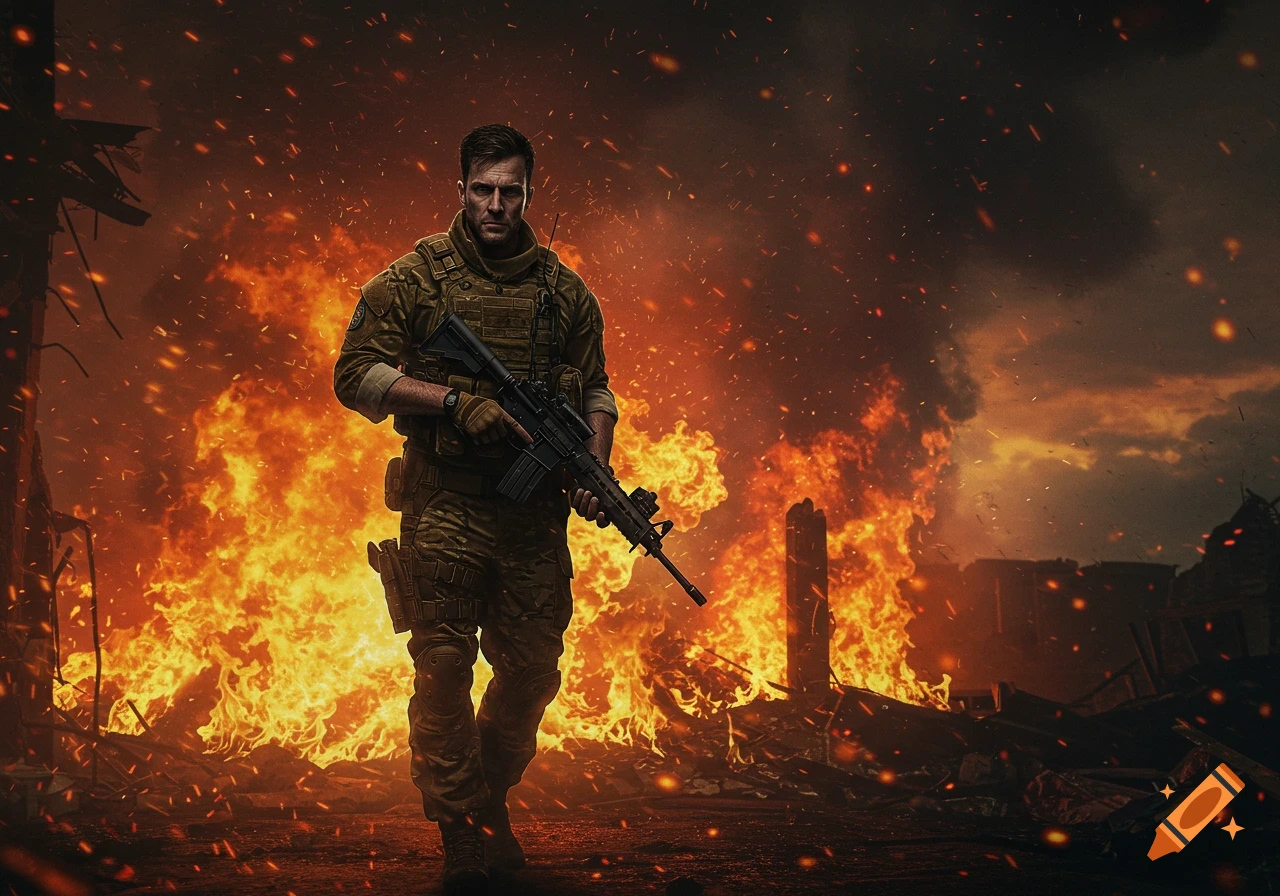 A serious soldier in tactical gear holds a rifle, walking from a burning, destroyed building with fire and smoke behind him, photorealistic style.