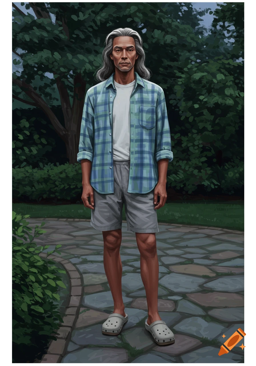 An illustrated man with long gray hair, wearing a blue and green plaid shirt, white undershirt, gray shorts, and white Crocs, stands in a garden.