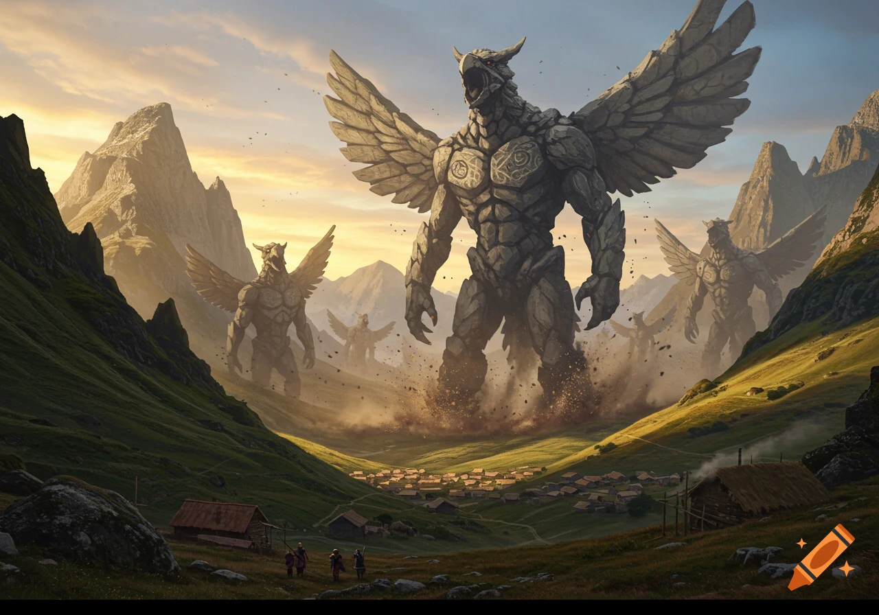 Giant winged rock monsters rise from the ground near a small village in a green, mountainous valley at sunset.