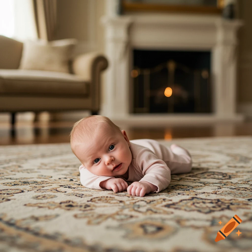 Newborn baby with blonde hair and blue eyes lies on tummy on a patterned rug in a home, looking at the camera. Photorealistic.