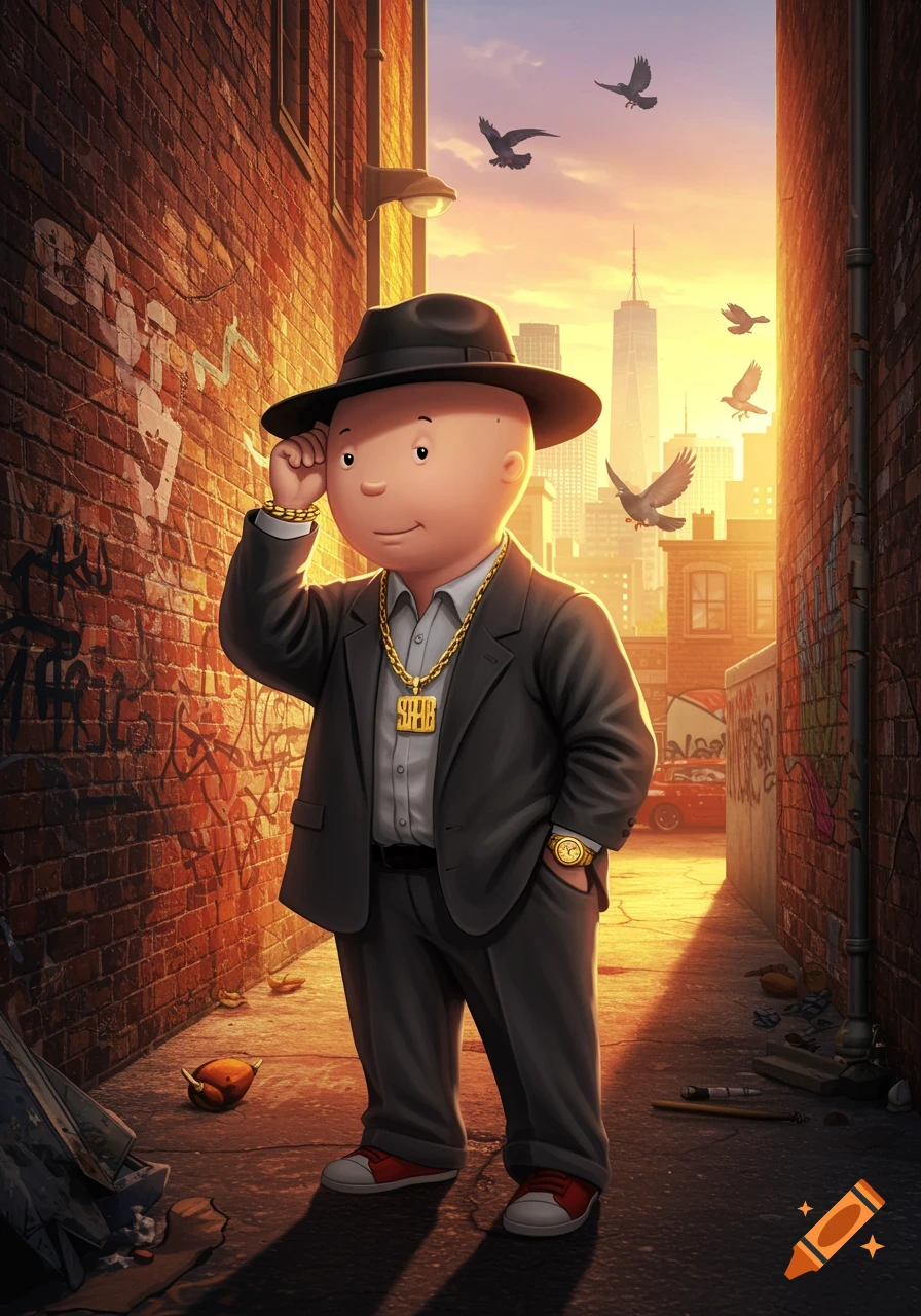 Caillou in a suit and fedora with a gold chain in an alleyway at sunset, with city buildings and pigeons in the background.