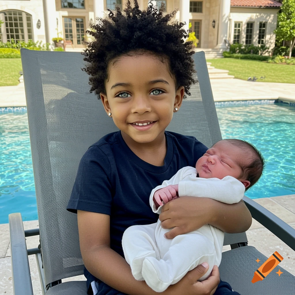 A young boy with curly hair and striking gray-green eyes smiles while holding a sleeping newborn baby by a swimming pool outside a mansion.