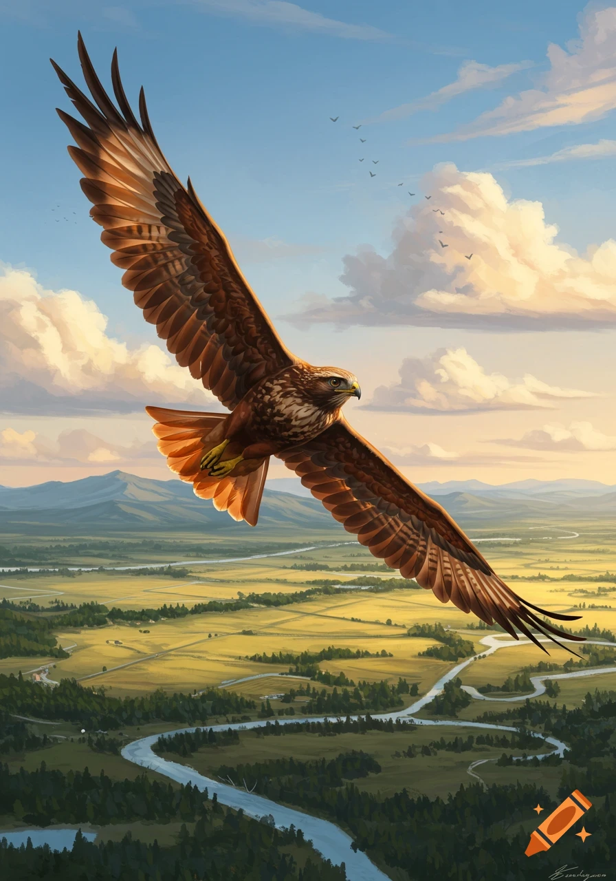 A large brown hawk with outstretched wings soars above a vibrant green and yellow landscape with a winding river and distant mountains under a blue sky with clouds.