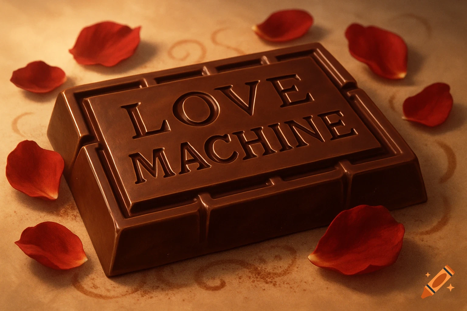 A rich brown chocolate bar engraved with the words "LOVE MACHINE," surrounded by scattered red rose petals on a textured surface.