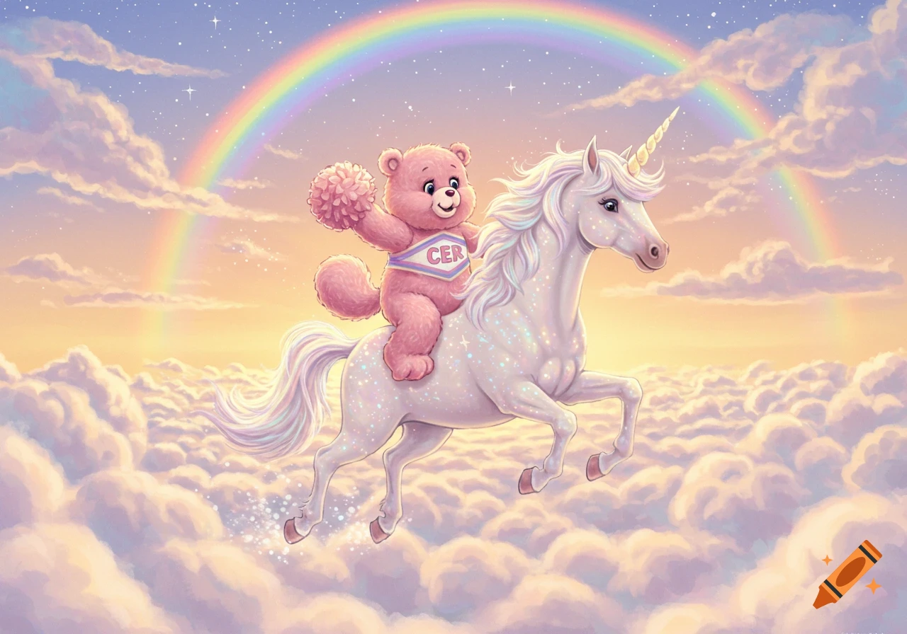 A pink cartoon bear in a cheerleader outfit, with 'CER' on its sash, rides a sparkly white unicorn through pastel clouds under a rainbow.