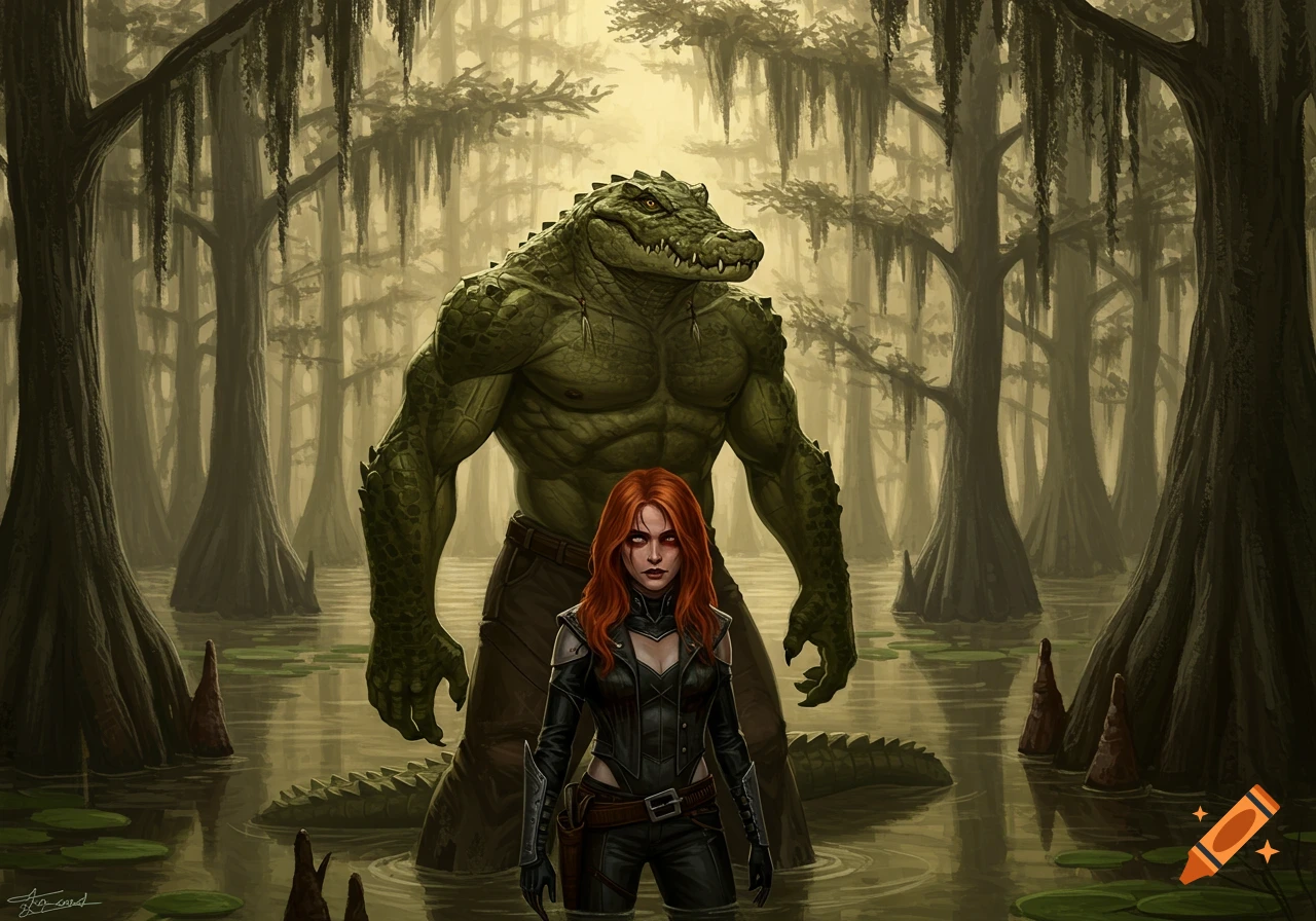 A muscular, anthropomorphic crocodile-like man and a woman with auburn hair stand in a misty swamp. Digital fantasy art.