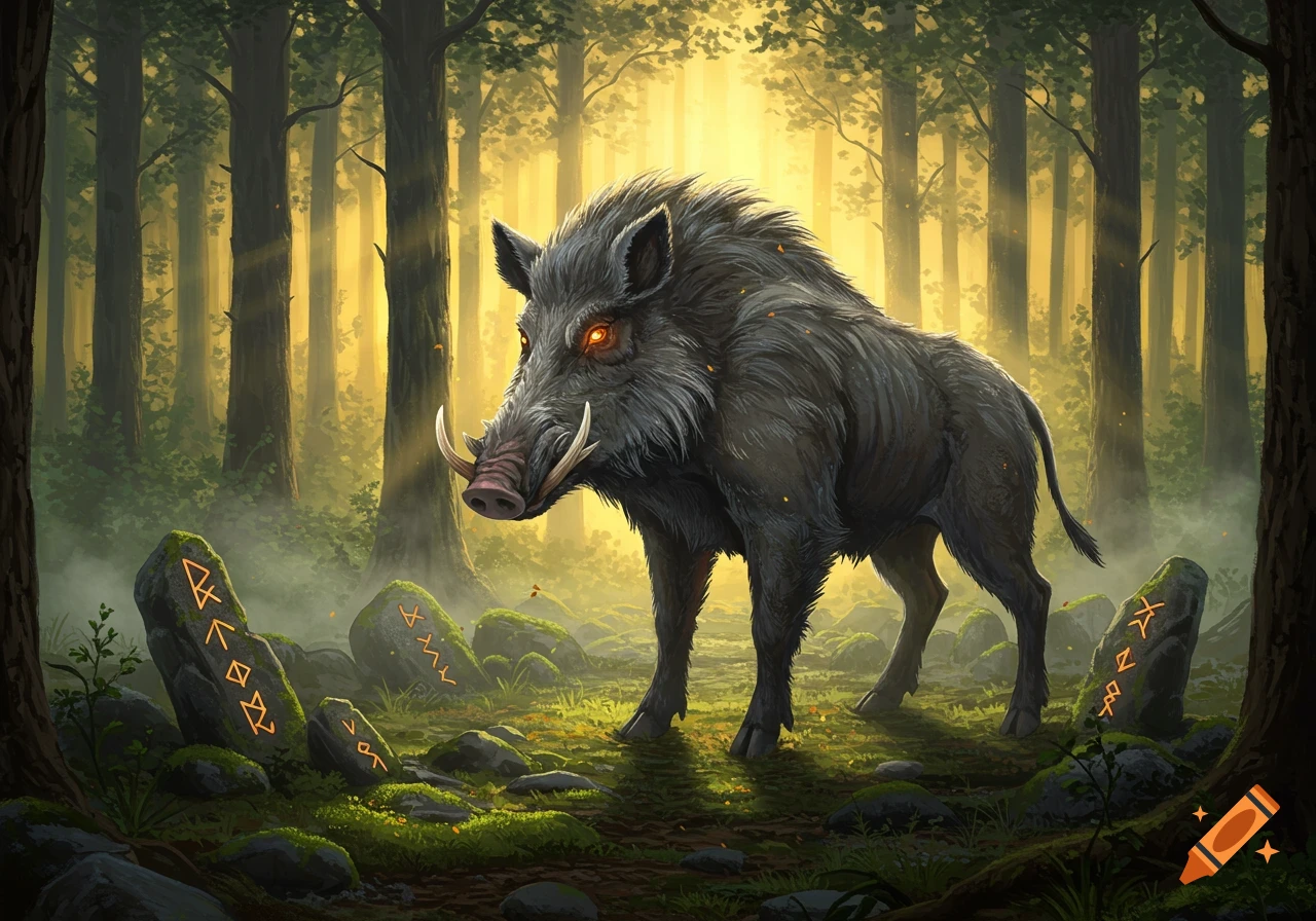 A powerful, mythical boar with glowing eyes stands in a sun-dappled, mystical forest with glowing runestones.