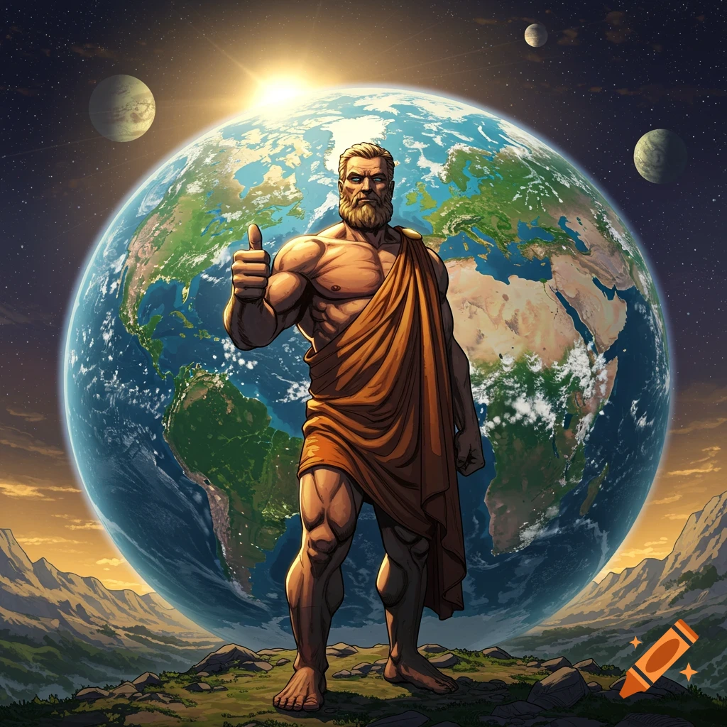 Muscular, bearded man in a toga gives a thumbs up, standing on a landscape with Earth behind him in space, comic art style.