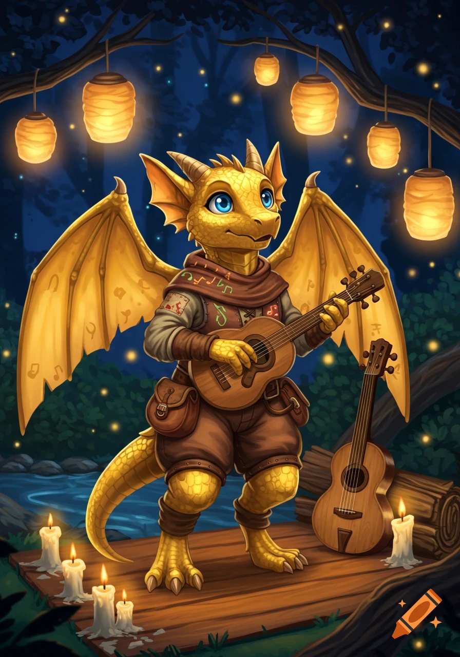 A cute golden dragon bard with blue eyes plays a lute on a wooden platform at night, surrounded by glowing lanterns and candles.