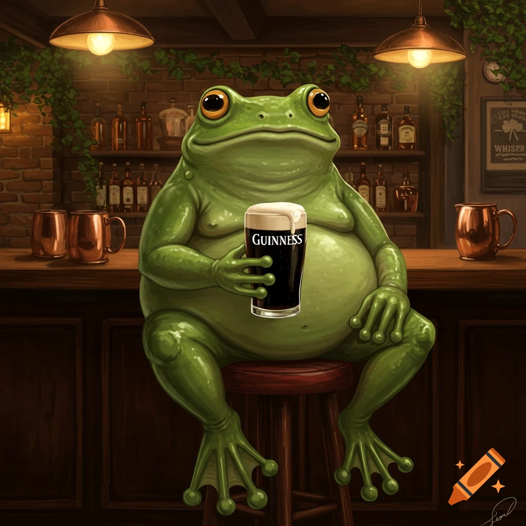 Illustrated green frog with large eyes sitting on a bar stool, holding a pint of Guinness beer in a dimly lit pub.