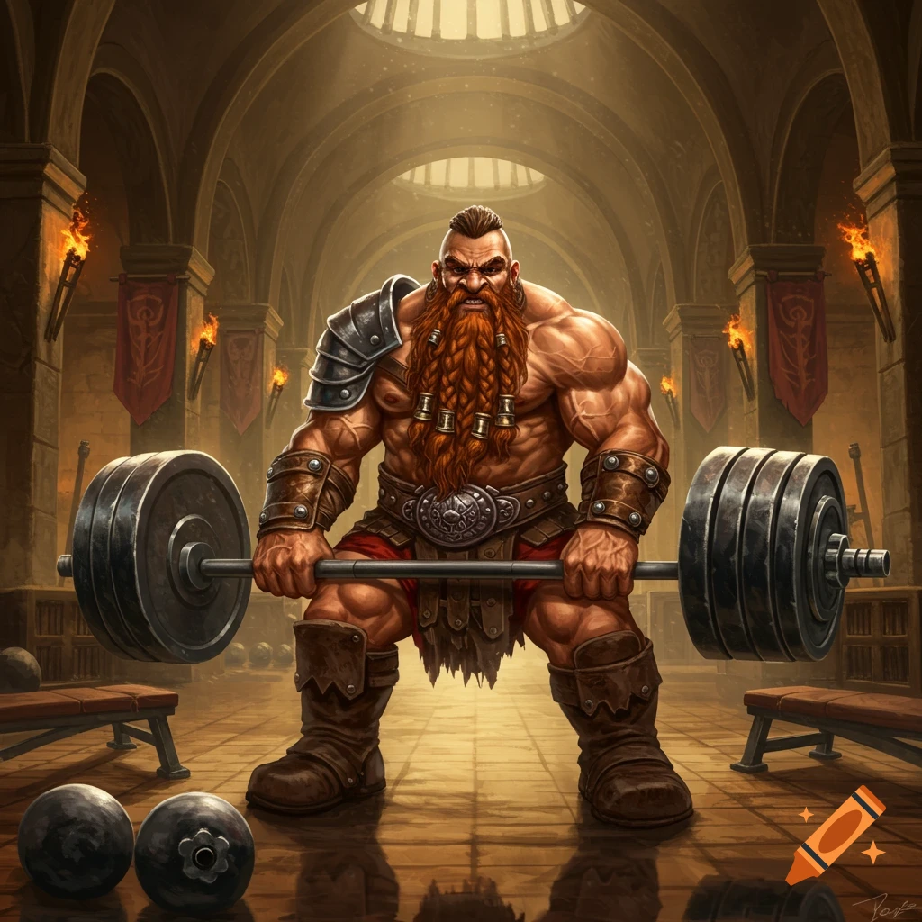 A hulking dwarf gladiator with a braided red beard lifts heavy weights in a grand, ancient hall, depicted in detailed digital art.