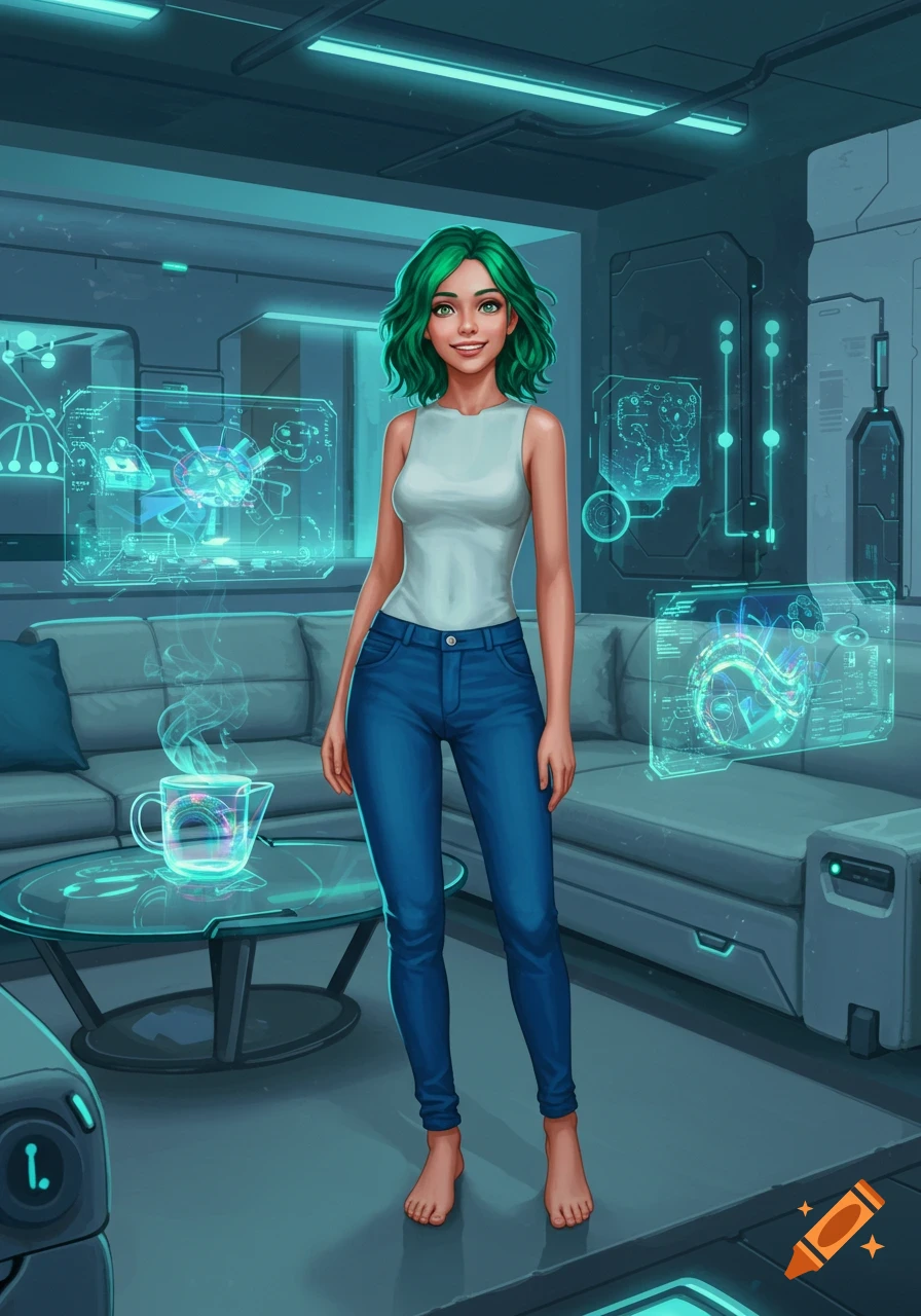 Smiling woman with green hair in a white top and blue jeans, barefoot in a futuristic living room with holographic interfaces, in digital art style.