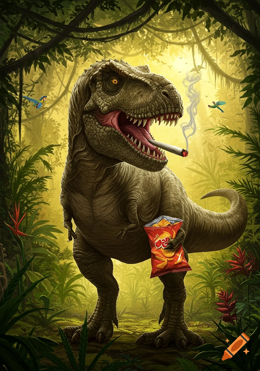 A realistic T-Rex stands in a lush jungle, smoking a blunt and holding a red bag of chips.