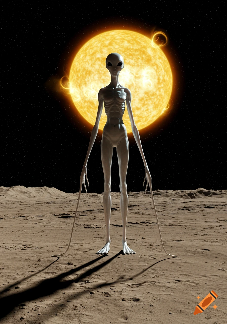 A grey, skinny alien with large eyes and long limbs stands on a barren, rocky planet surface with a giant, glowing yellow sun in the dark sky.