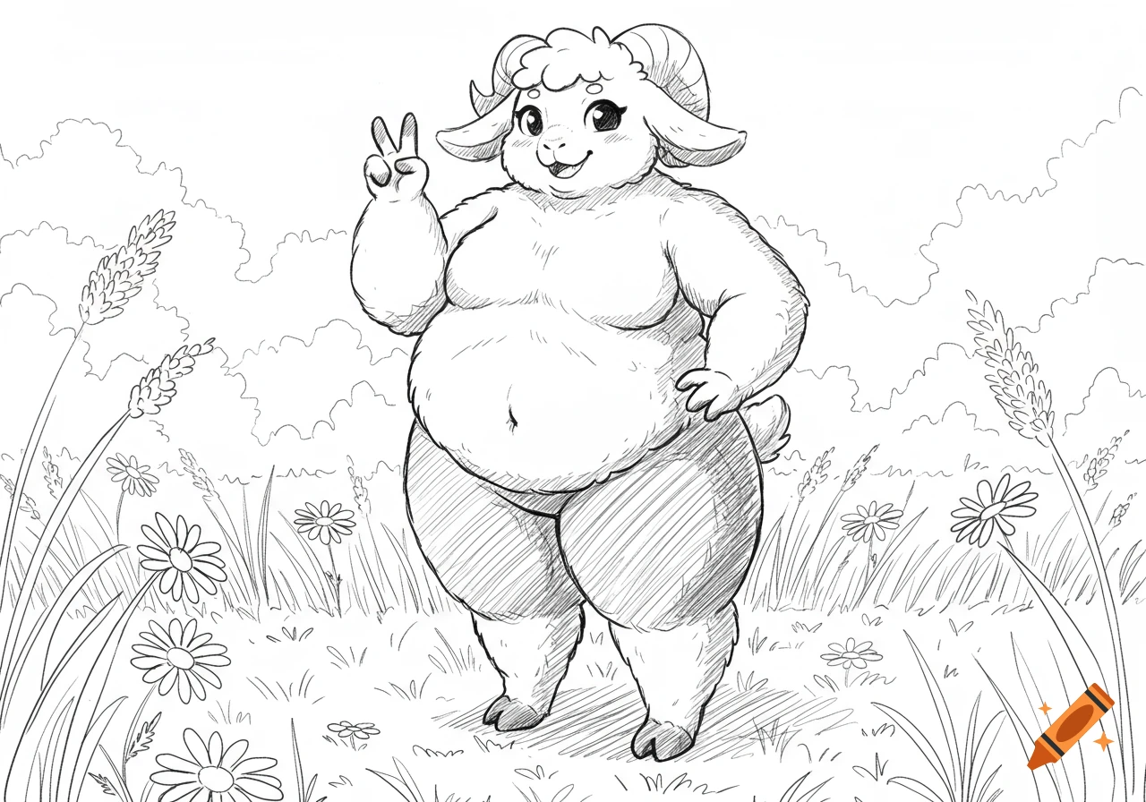 Black and white sketch of a chubby, cute goat fursona making a peace sign in a field of grass and flowers.