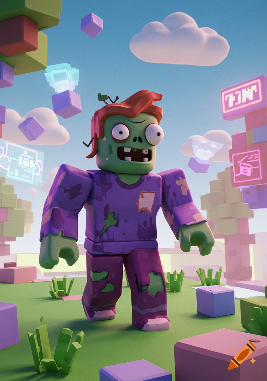A cartoon Roblox-style zombie with green skin and purple clothes stands in a blocky, colorful world with floating cubes.
