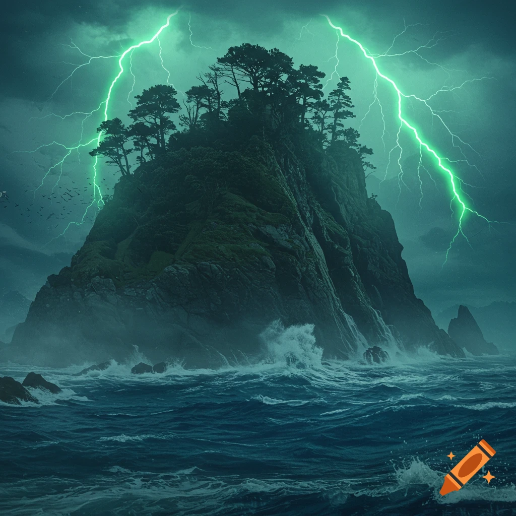 Dramatic view of a rocky, tree-covered island in a stormy sea, with vivid green lightning striking the sky.