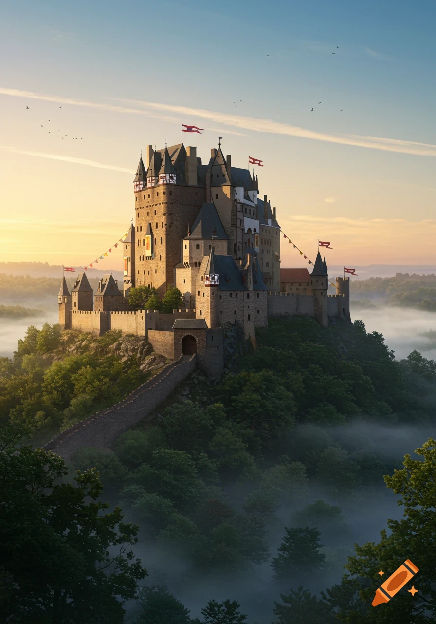 Majestic medieval castle on a forested hill, surrounded by mist at sunrise, with flags on its towers.