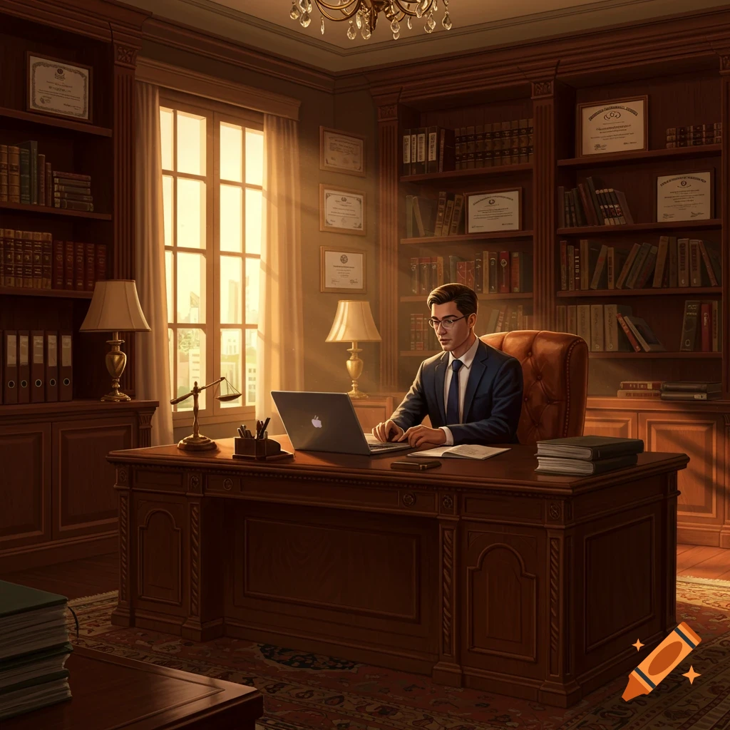 A man in a suit works on a laptop at a large wooden desk in a sunlit, ornate office with bookshelves.