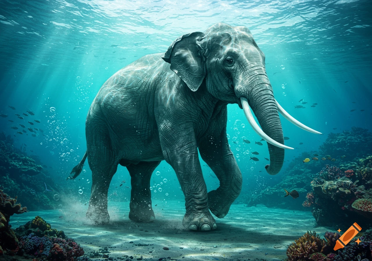 Photorealistic image of a large elephant walking on the ocean floor amidst coral and fish, with sun rays piercing blue water.