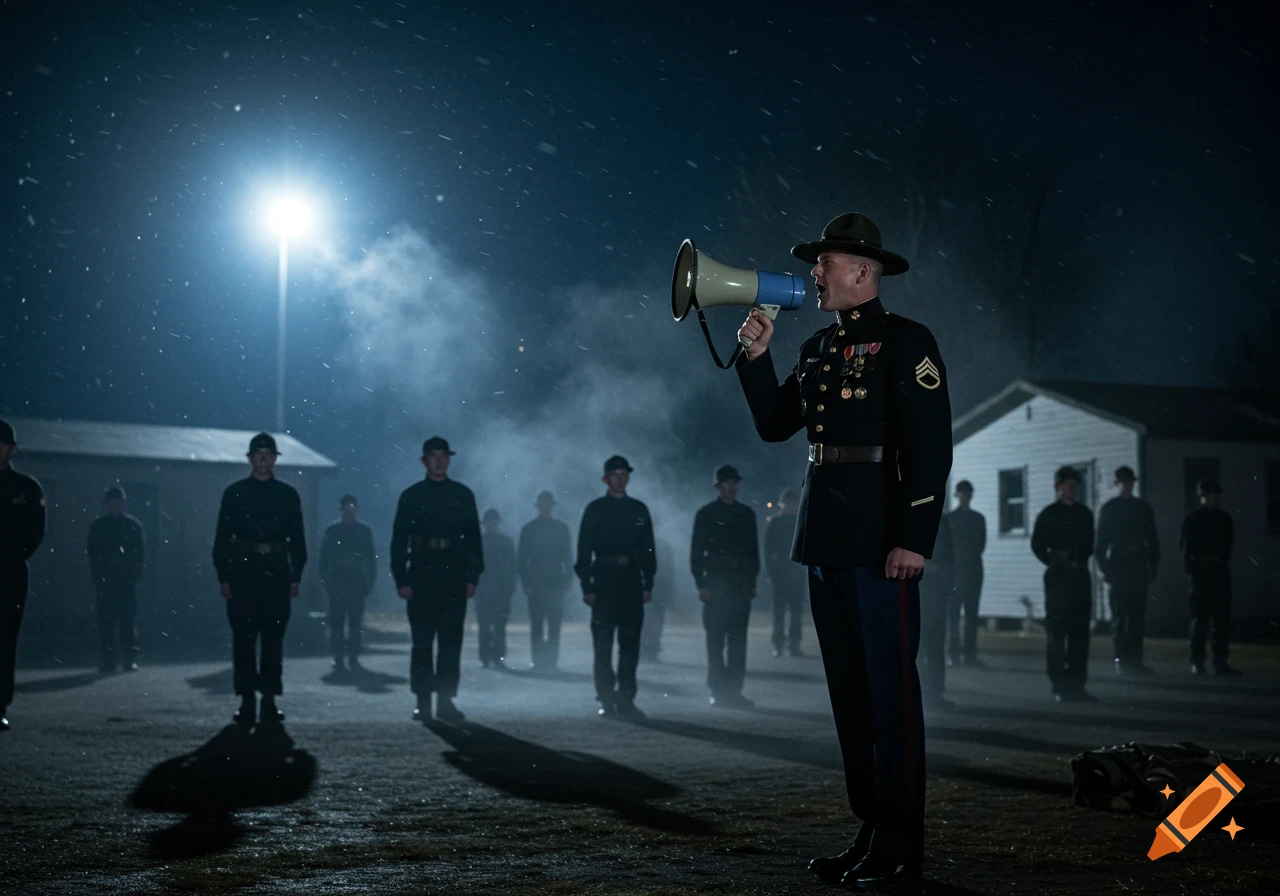 Photorealistic image of a military drill sergeant yelling into a megaphone at night, with recruits standing in formation behind him in falling snow.