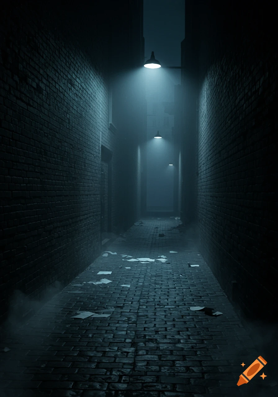 A dark, misty alleyway with brick walls and a cobblestone path, illuminated by overhead streetlights, with scattered papers on the ground.