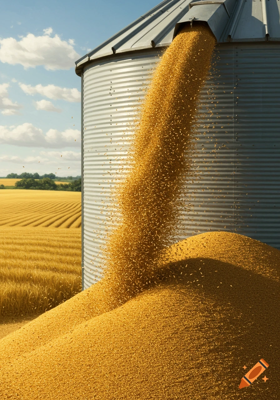 Photorealistic image of a silver grain bin overflowing with golden grain, with a field of wheat in the background.
