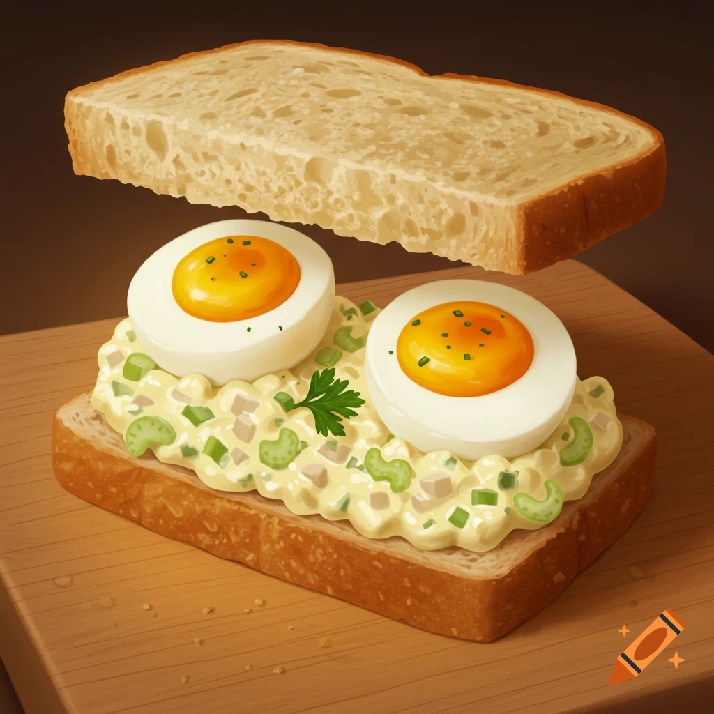An inside-out egg salad sandwich with two hard-boiled egg halves on egg salad and a slice of bread, with another slice of bread floating above, on a wooden board.