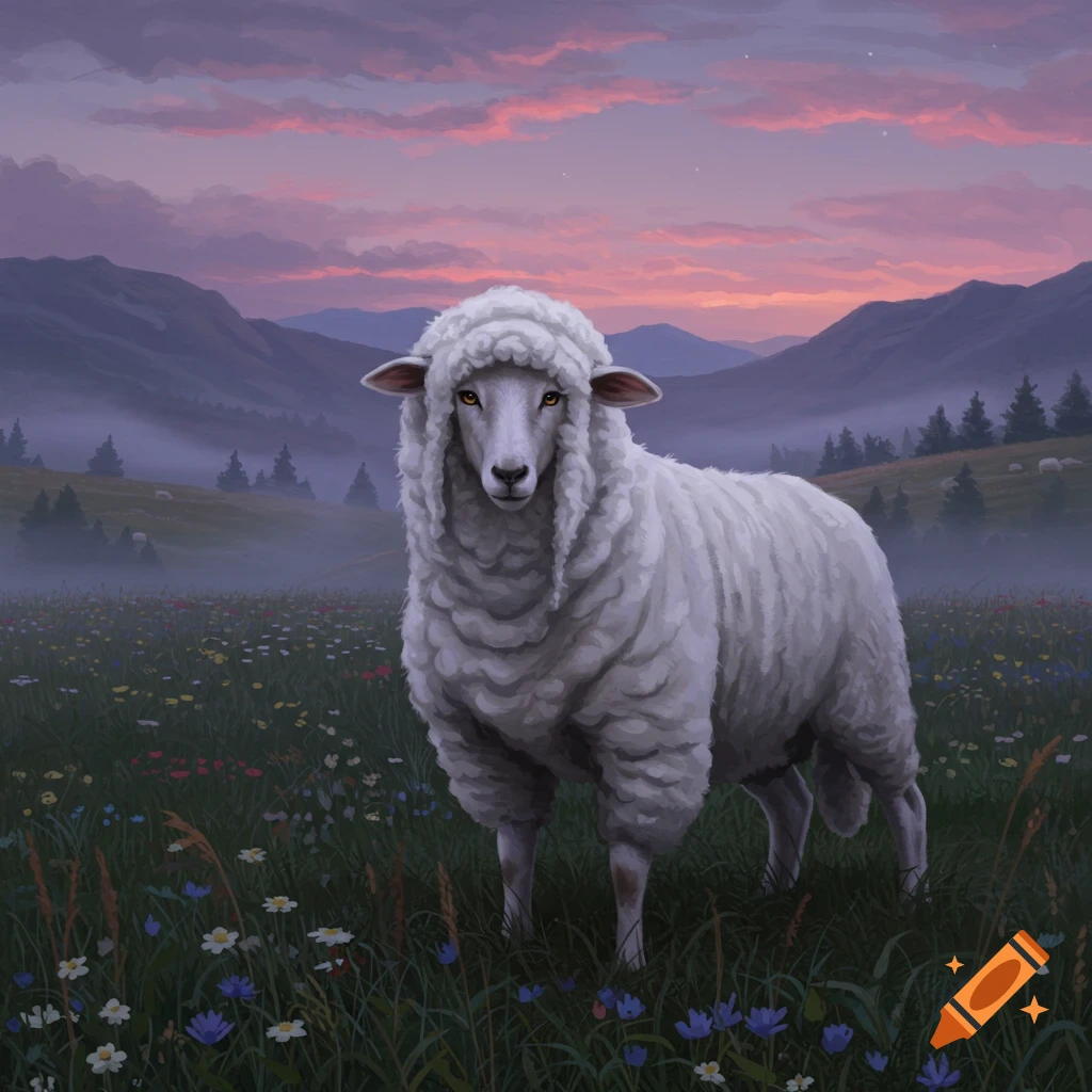 A white sheep stands in a wildflower field with mountains and a pink sunset sky, in an illustrative style.