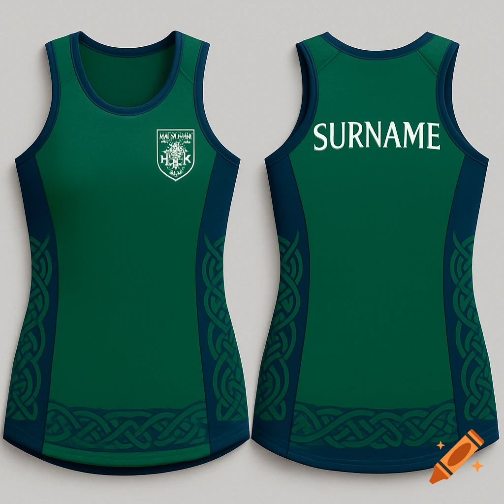 Front and back view of a green and navy blue women's rugby singlet with celtic patterns and a crest on the front and 'SURNAME' on the back.