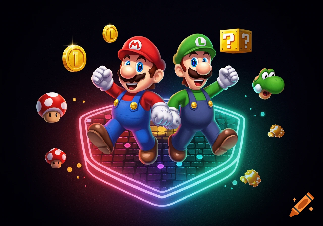 Mario and Luigi jump over a neon arcade shield, surrounded by game items like coins, mushrooms, question blocks, and Yoshi in a vibrant illustration.