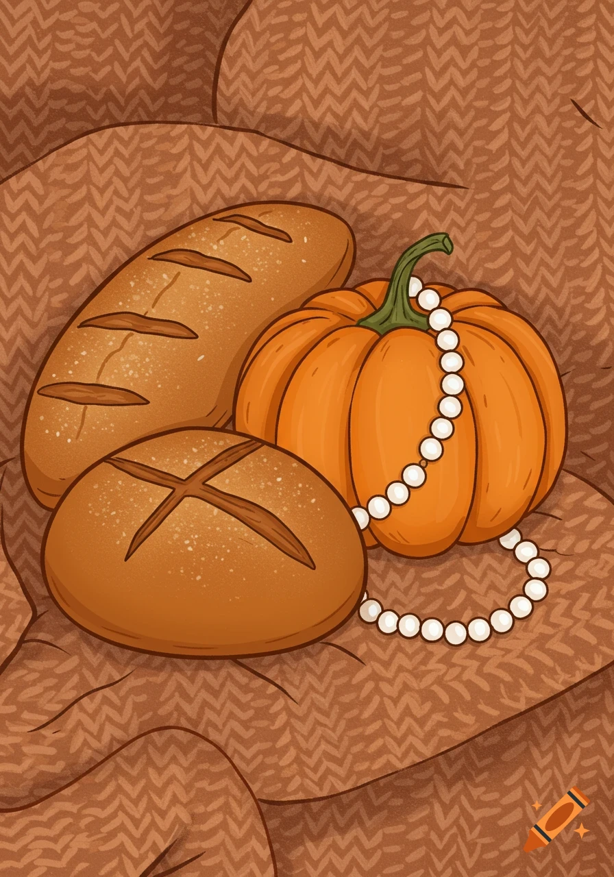 Clipart illustration of two loaves of bread, a pumpkin with a pearl necklace, all resting on a brown knit blanket.