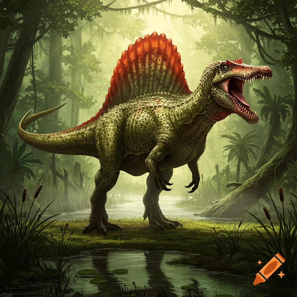 A powerful green Spinosaurus with a large red sail on its back roars in a lush, misty prehistoric jungle swamp.