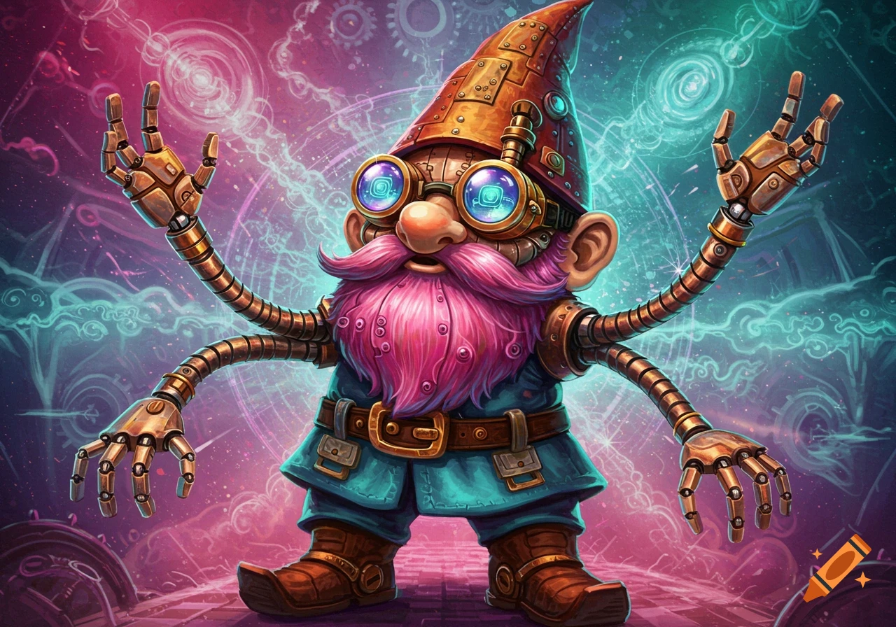 A colorful steampunk robot gnome with a pink beard, goggles, and multiple robotic arms with articulated hands, set against a vibrant, swirling background.