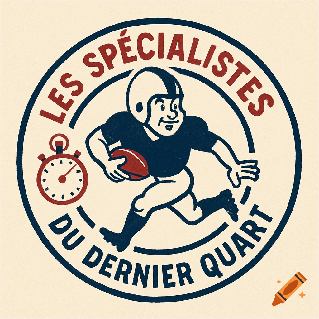 Classic style American football logo featuring a running player with a ball, a stopwatch, and 'Les Spécialistes du Dernier Quart' text.