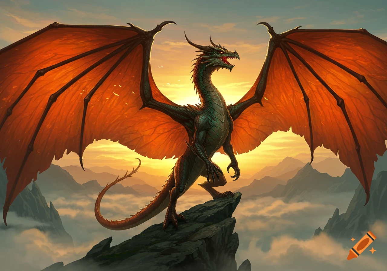 A majestic green dragon with fiery orange wings stands on a rocky mountain peak at sunset, overlooking a misty, golden landscape.