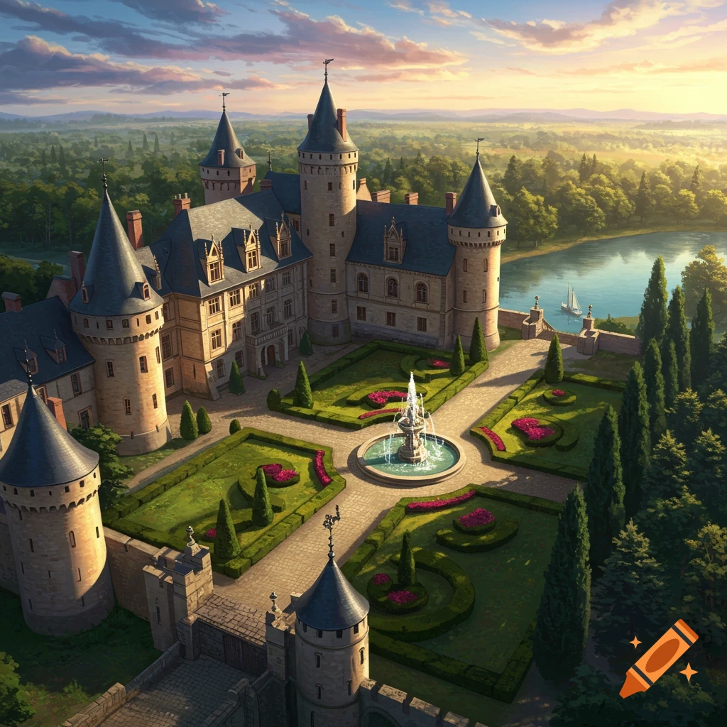 Aerial view of a grand castle with intricate gardens, a fountain, and a lake surrounded by forests at sunset.