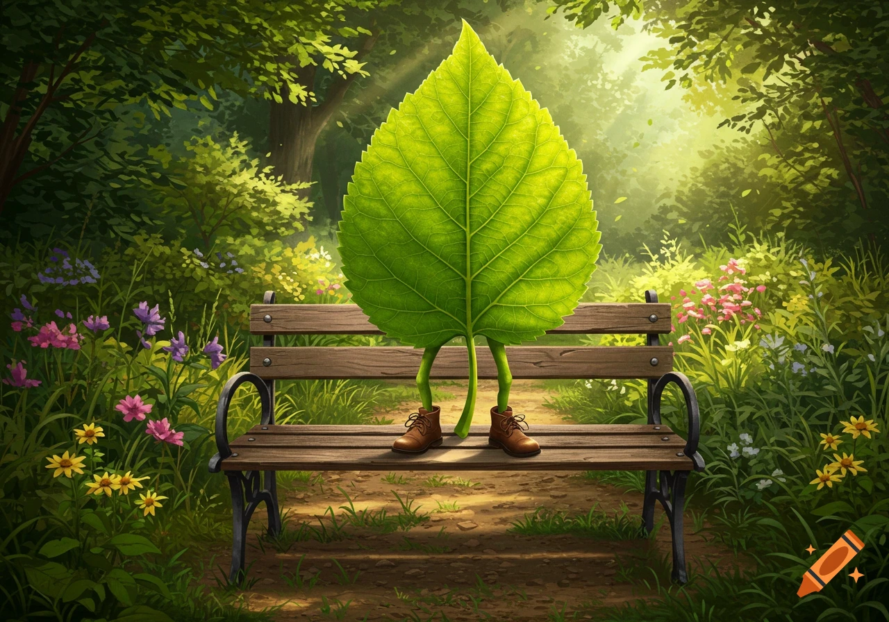 A whimsical illustration of a large green leaf with stick legs and brown boots sitting on a wooden park bench in a sunlit, vibrant forest.