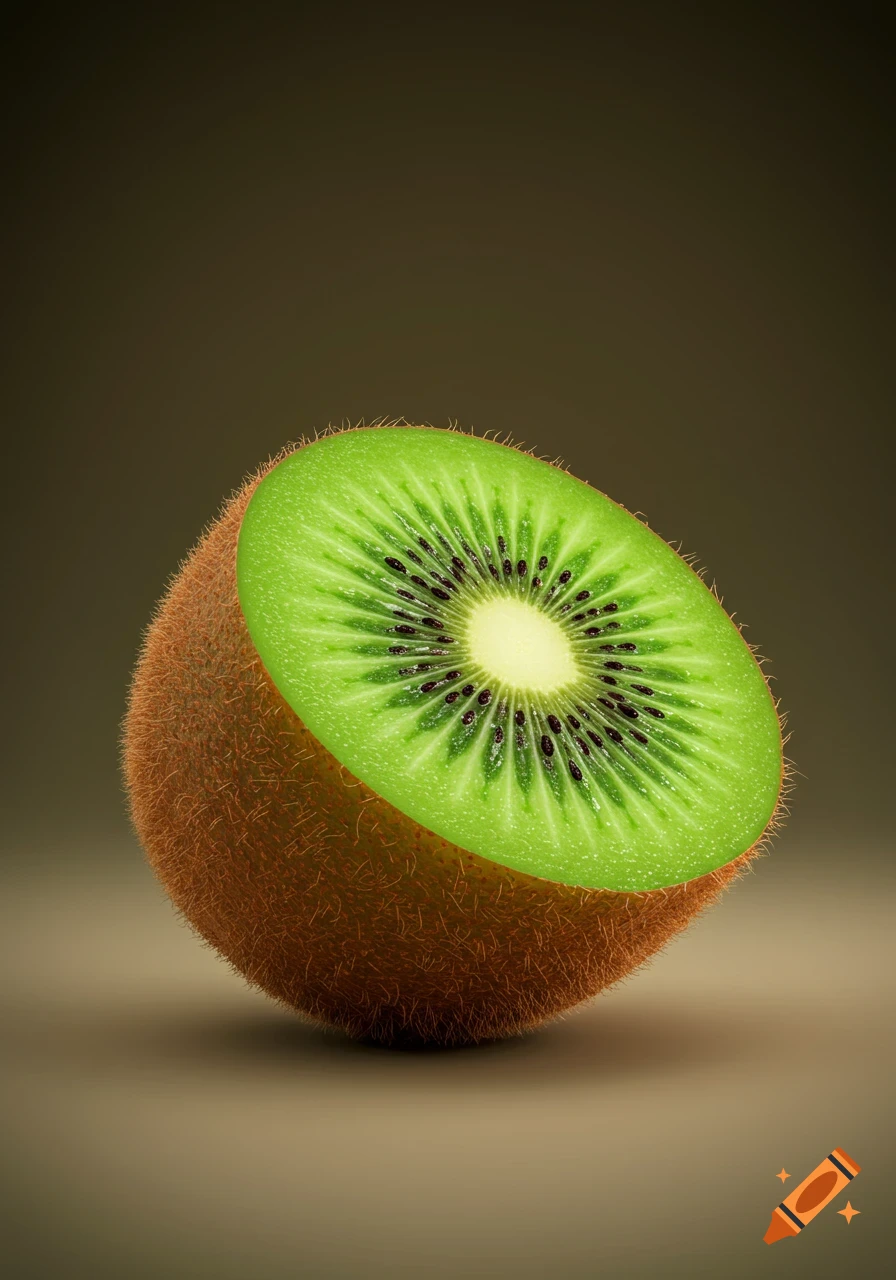 A close-up, photorealistic image of a kiwi fruit cut in half, revealing its vibrant green flesh, tiny black seeds, and white core, with fuzzy brown skin. It stands on a muted brown surface against a dark background.