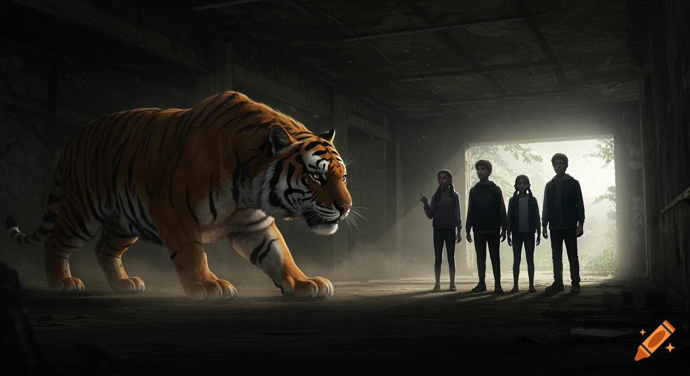 A massive Bengal tiger stalks four children in a dimly lit abandoned building with light from an opening behind them.