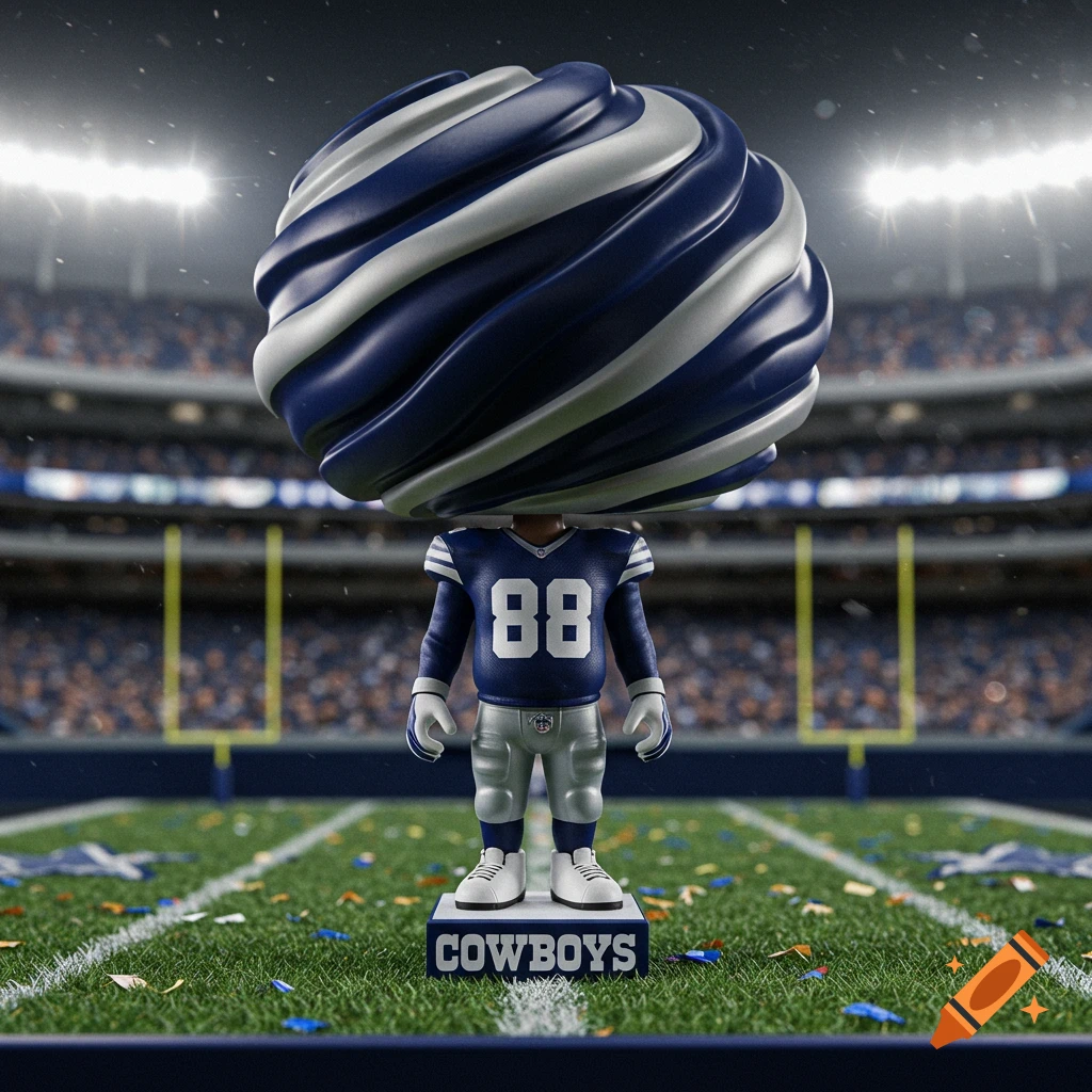 A bobblehead-style figure in a Dallas Cowboys #88 jersey stands on a 'COWBOYS' base in a football stadium, photorealistic.
