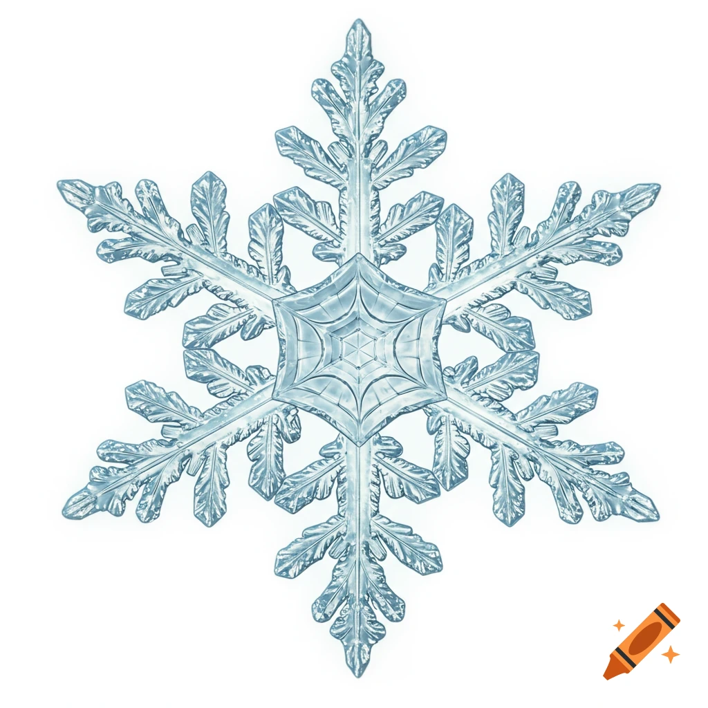 A detailed, translucent blue snowflake against a white background.