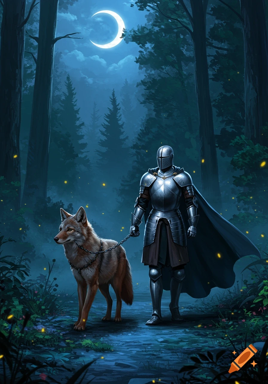 A knight in full armor walks a coyote on a leash through a moonlit, mystical forest with fireflies.