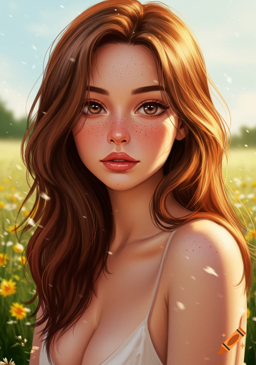 A digital painting of a woman with long brown hair and freckles, wearing a white top, in a sunny field with wildflowers.